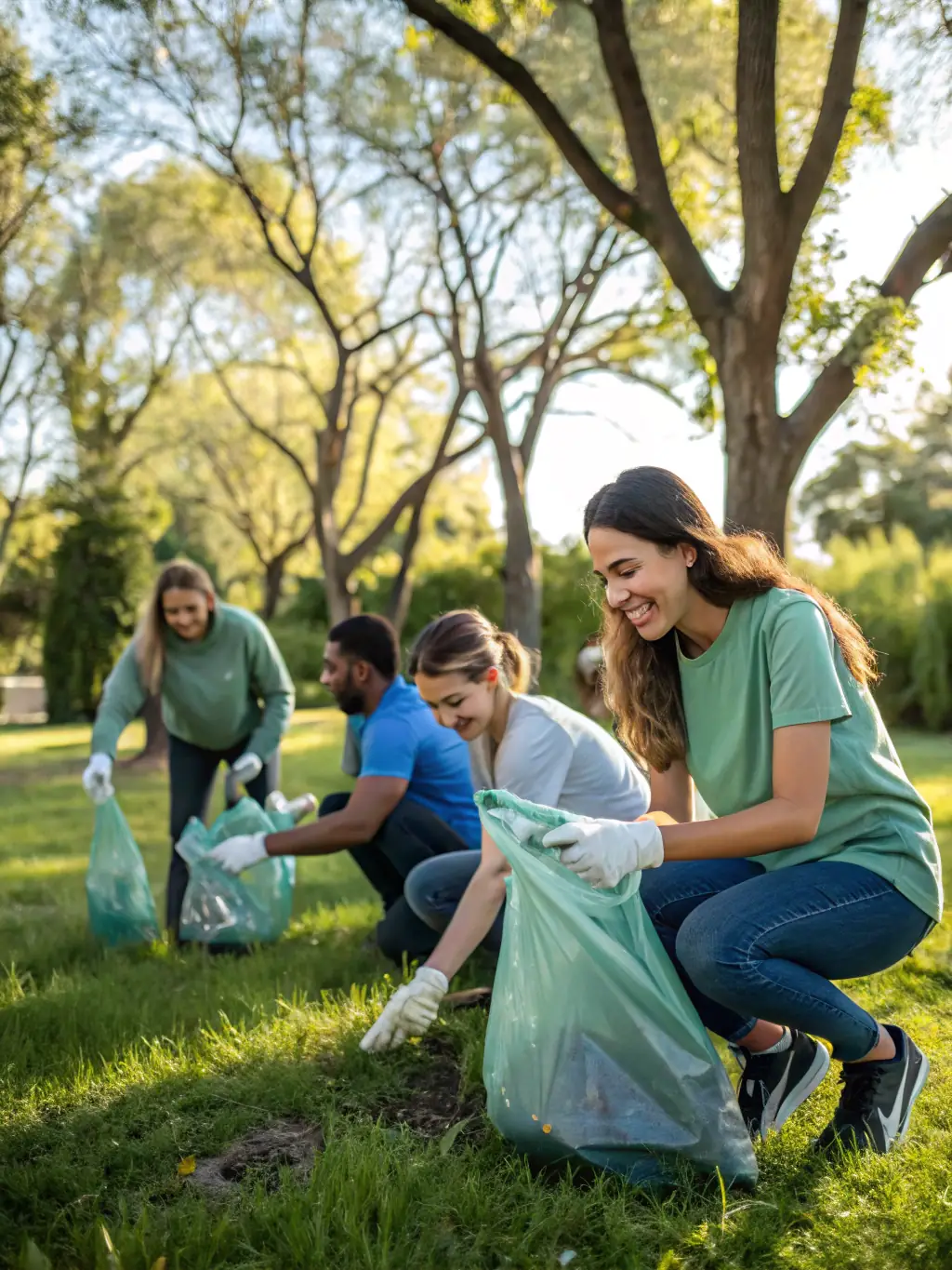 A photo of volunteers cleaning up a local park, removing litter and debris to maintain a clean and beautiful environment for the community.