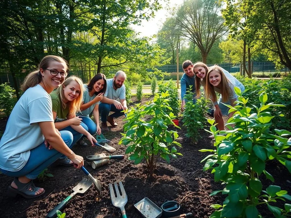 An image of volunteers planting trees along a scenic trail in Montgobert, highlighting the community's involvement in environmental conservation.
