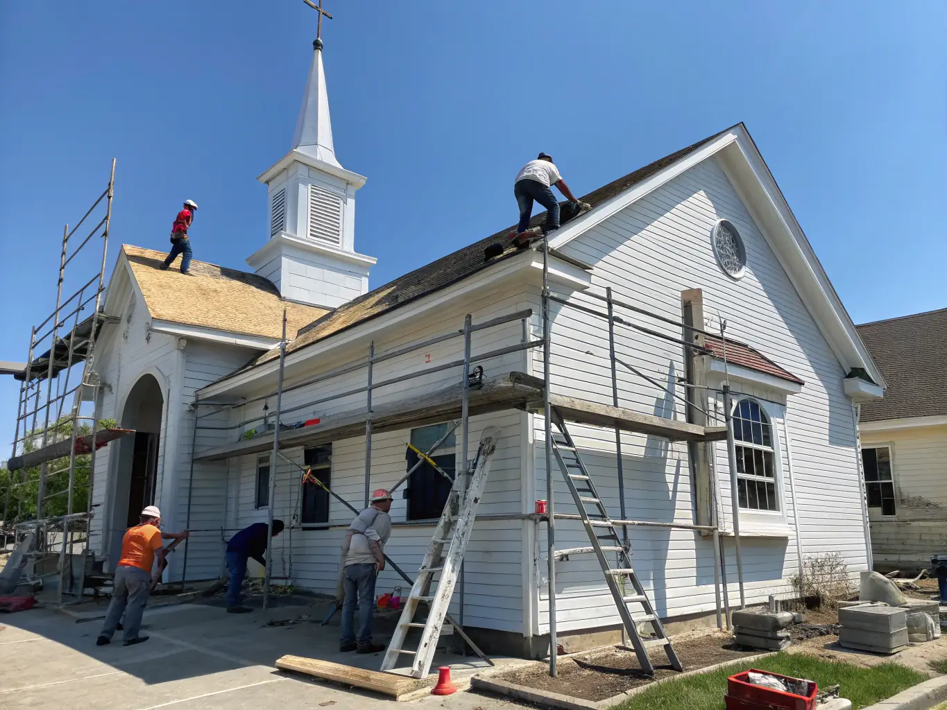 A photo of the restored Montgobert church with scaffolding and preservation work in progress, showcasing the meticulous efforts to maintain its historical integrity.